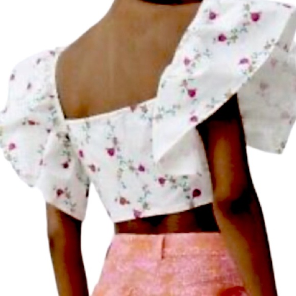 NWT Zara Floral Cropped Ruffle Shoulder Coquette Cottage Core Statement Top S - Picture 7 of 10